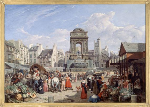 La fontaine des Innocents, encore présente place Joachim-du-Bellay (peinture de John James Chalon)